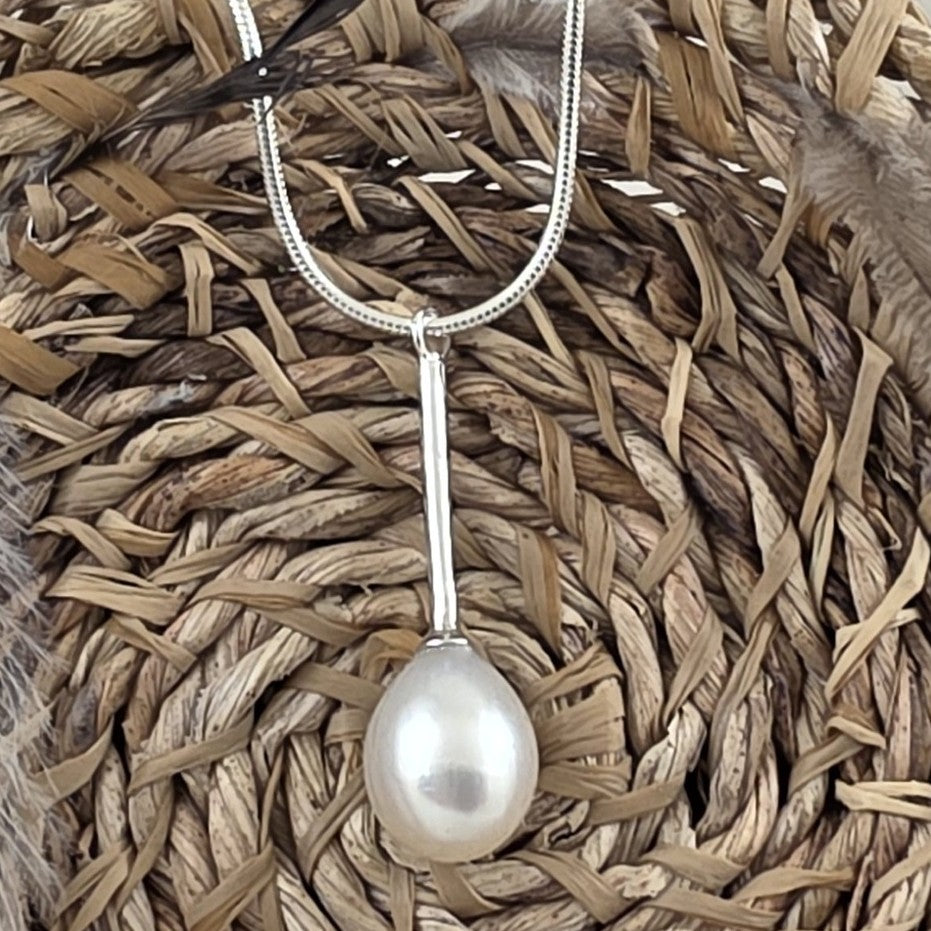 Sterling Silver White Pearl Drop Pendant on Sterling Silver Snake Chain