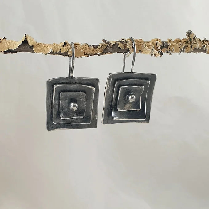 Oxidised Sterling Silver Triple Square Earrings