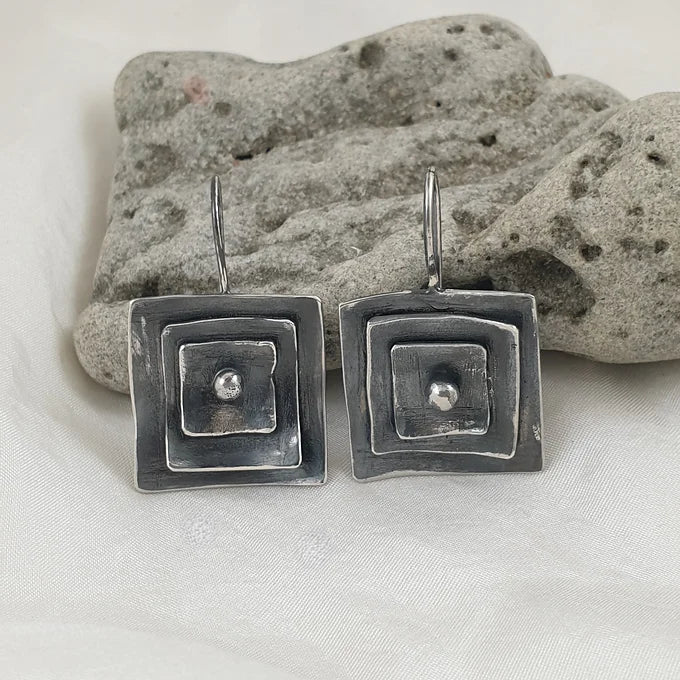 Oxidised Sterling Silver Triple Square Earrings