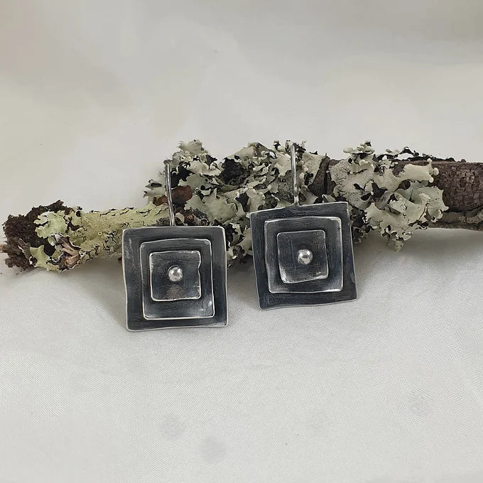 Oxidised Sterling Silver Triple Square Earrings