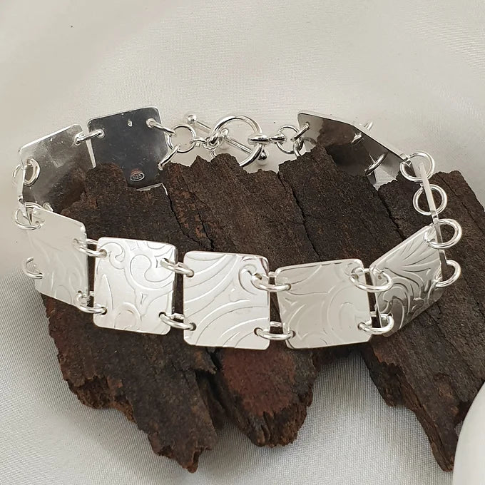 Sterling Silver Patterned Link Bracelet with Toggle