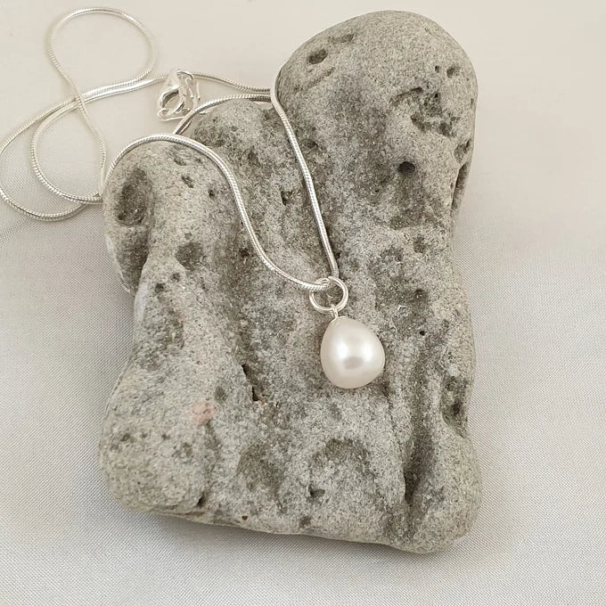 Sterling Silver White Pearl Drop Pendant on Sterling Silver Snake Chain